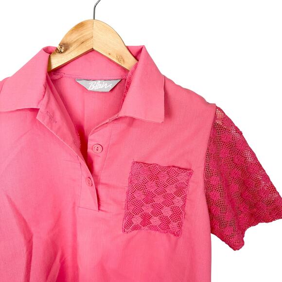 Vintage Blair Pink Cotton Short Lace Sleeve Twee Retro Quarter Button Up Sz Med - Picture 4 of 5